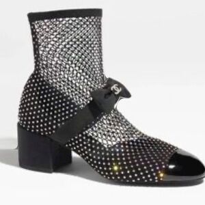Chanel Resille Strass Kid Suede Patent Mary Jane Short Boots 37 Black